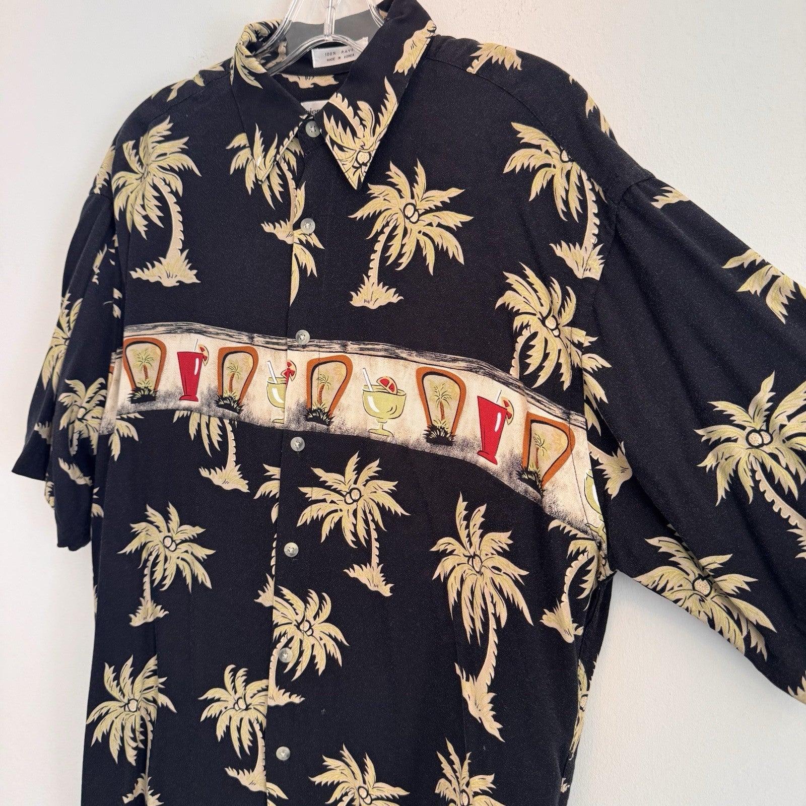 Pierre Cardin Hawaiian Shirt Mens Medium Black Rayon Palm Tree Tropical Drinks