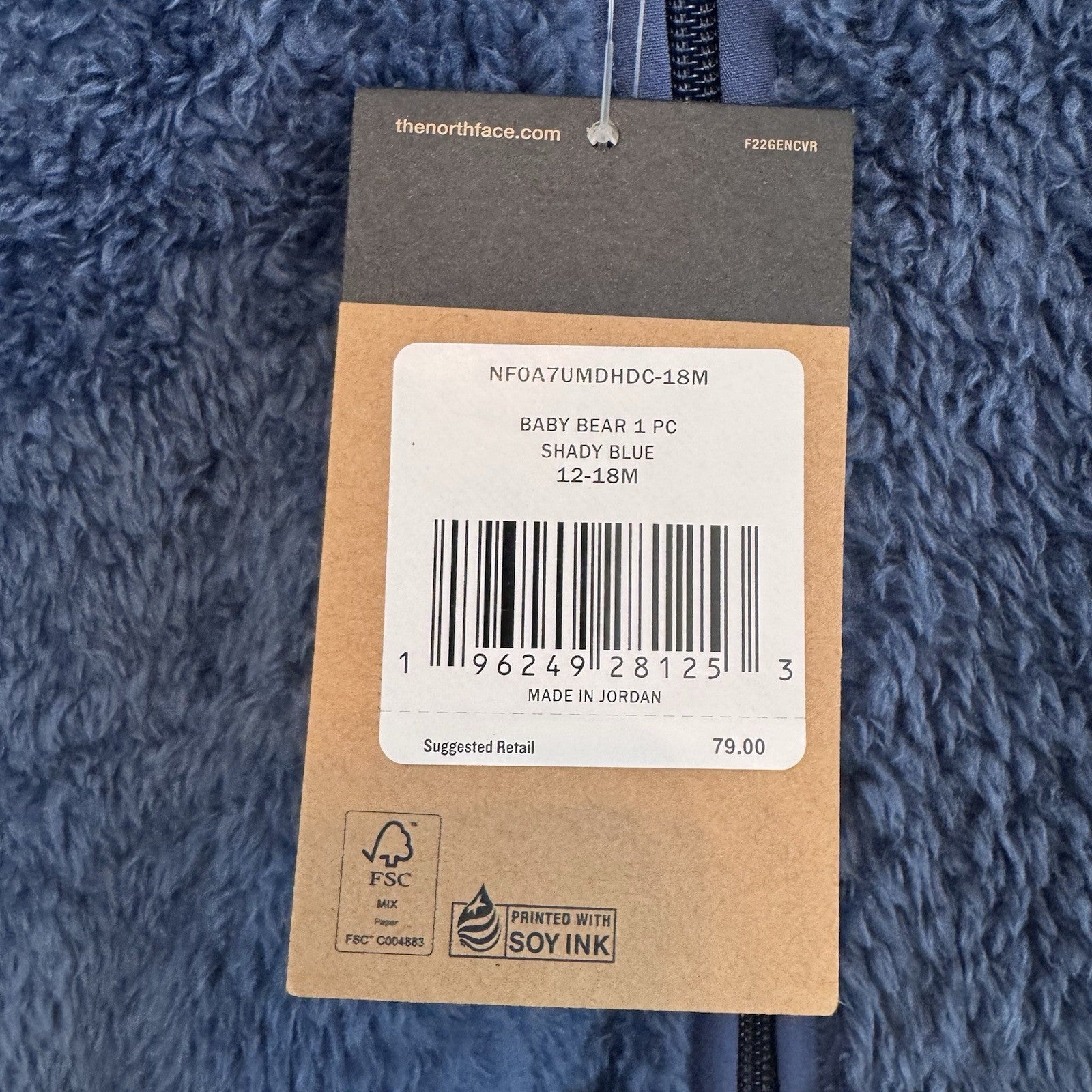 NWT The North Face Baby Bear 1PC Fleece Bunting 12-18M Blue Hooded