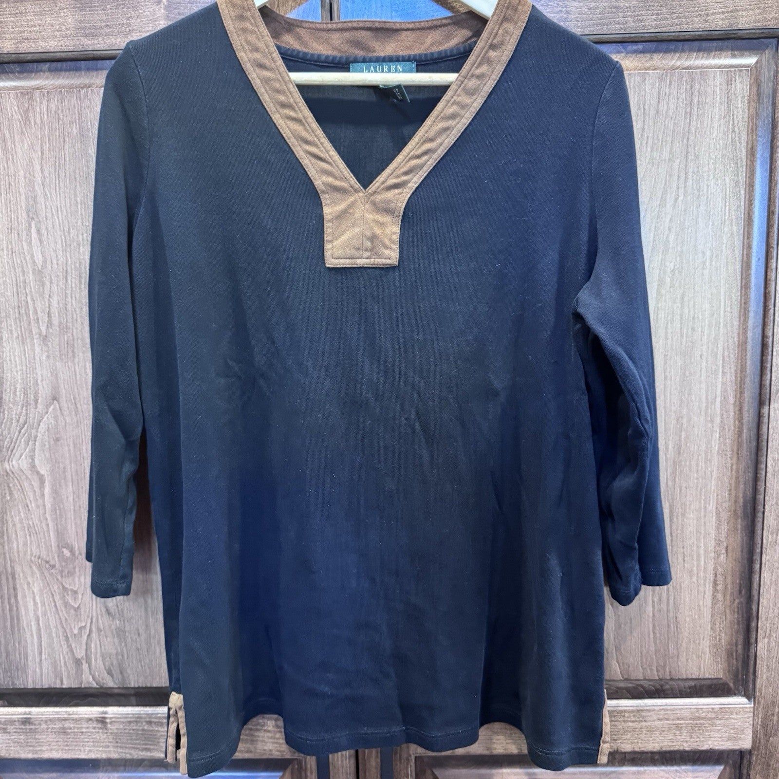 Lauren Ralph Lauren 1X Tunic Top Shirt V Black Brown Faux Suede Trim 3/4 Sleeve