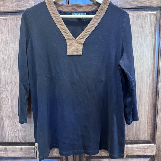Lauren Ralph Lauren 1X Tunic Top Shirt V Black Brown Faux Suede Trim 3/4 Sleeve