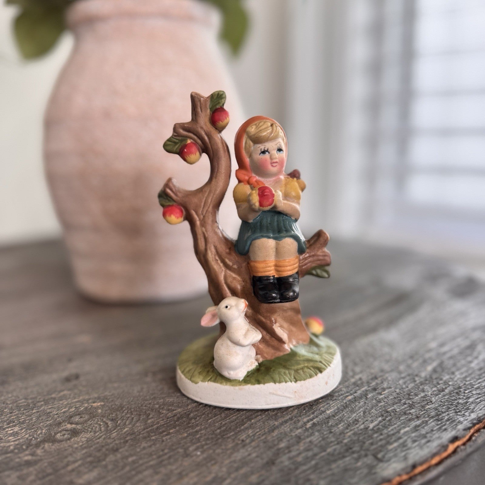 Vintage Ceramic Girl in Apple Tree Figurine with White Rabbit Hand Painted '95