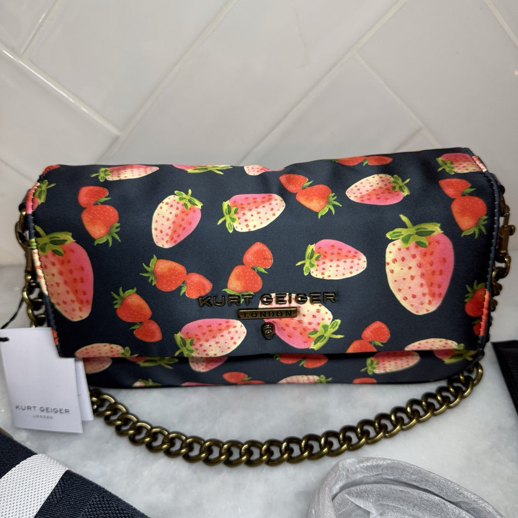 Kurt Geiger London Strawberry Print Crossbody Bag Chain Strap Navy Pink NWT