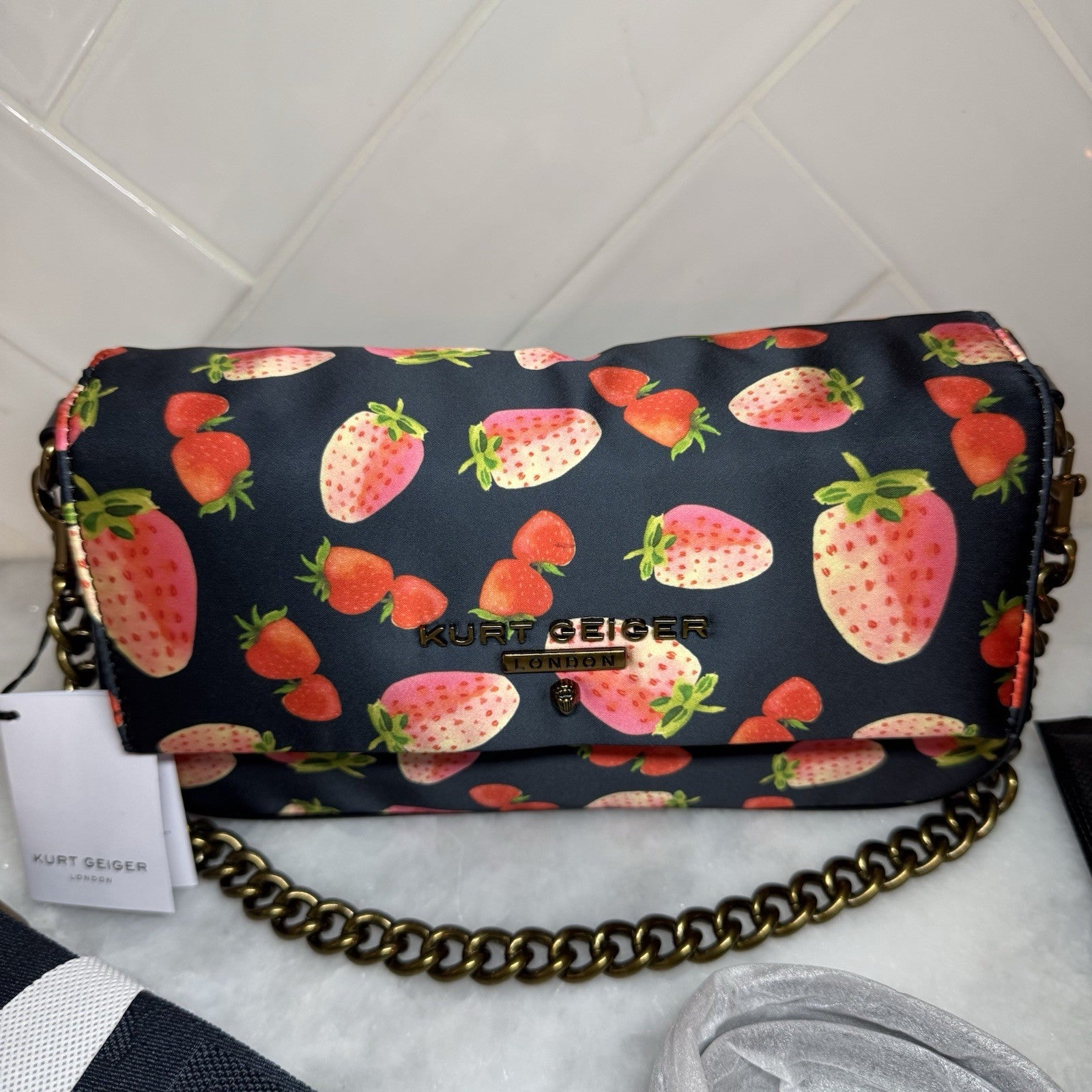 Kurt Geiger London Strawberry Print Crossbody Bag Chain Strap Navy Pink NWT
