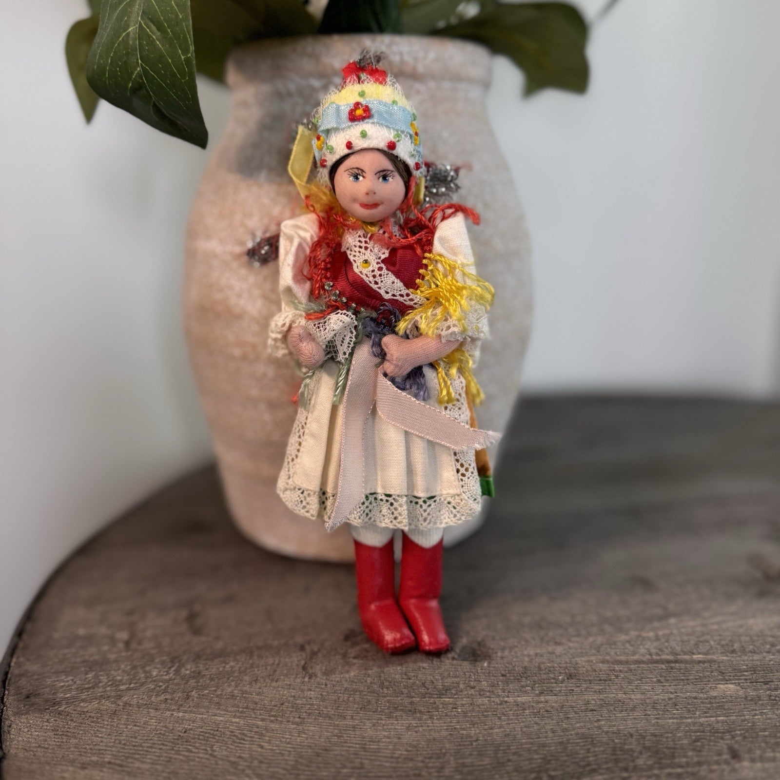 Vintage Eastern European Folk Doll 7" Cloth Costume Red Boots Polish Hungarian