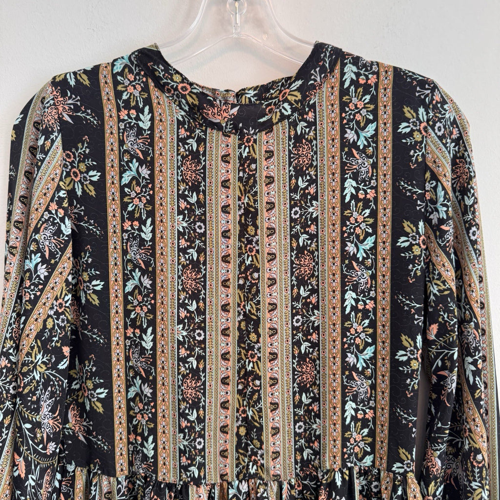 Earthbound Trading Co Boho Floral Bell Sleeve Mini Dress Small Black  Women’s