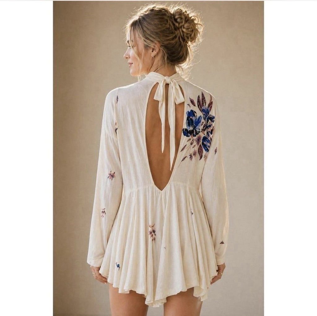 Free People Medium Floral Tie Gemma Dress Tunic Top Pink Blue Boho Rayon Womens