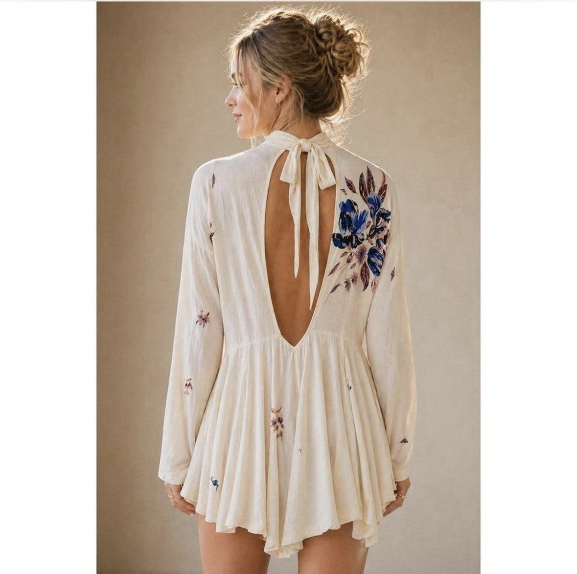 Free People Medium Floral Tie Gemma Dress Tunic Top Pink Blue Boho Rayon Womens