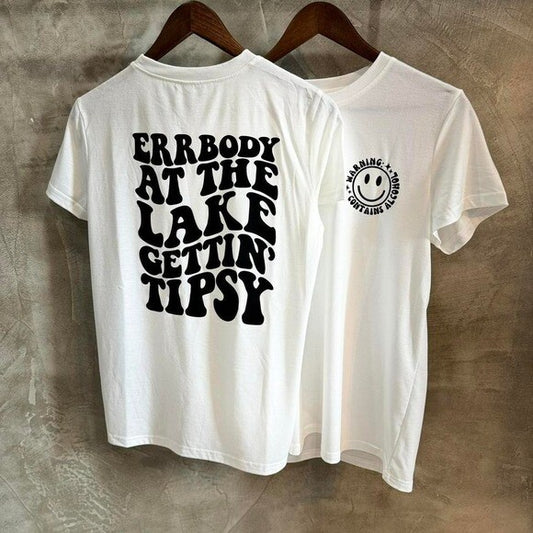 White cotton "errbody at the lake gettin' tipsy" t-shirt #lakevibes #summerfun