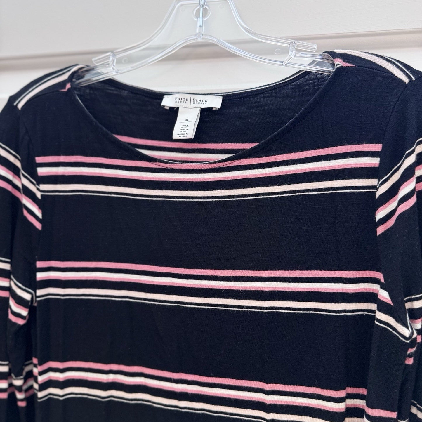 White House Black Market Top Medium Black Pink Stripe Long Sleeve Tie Cuff