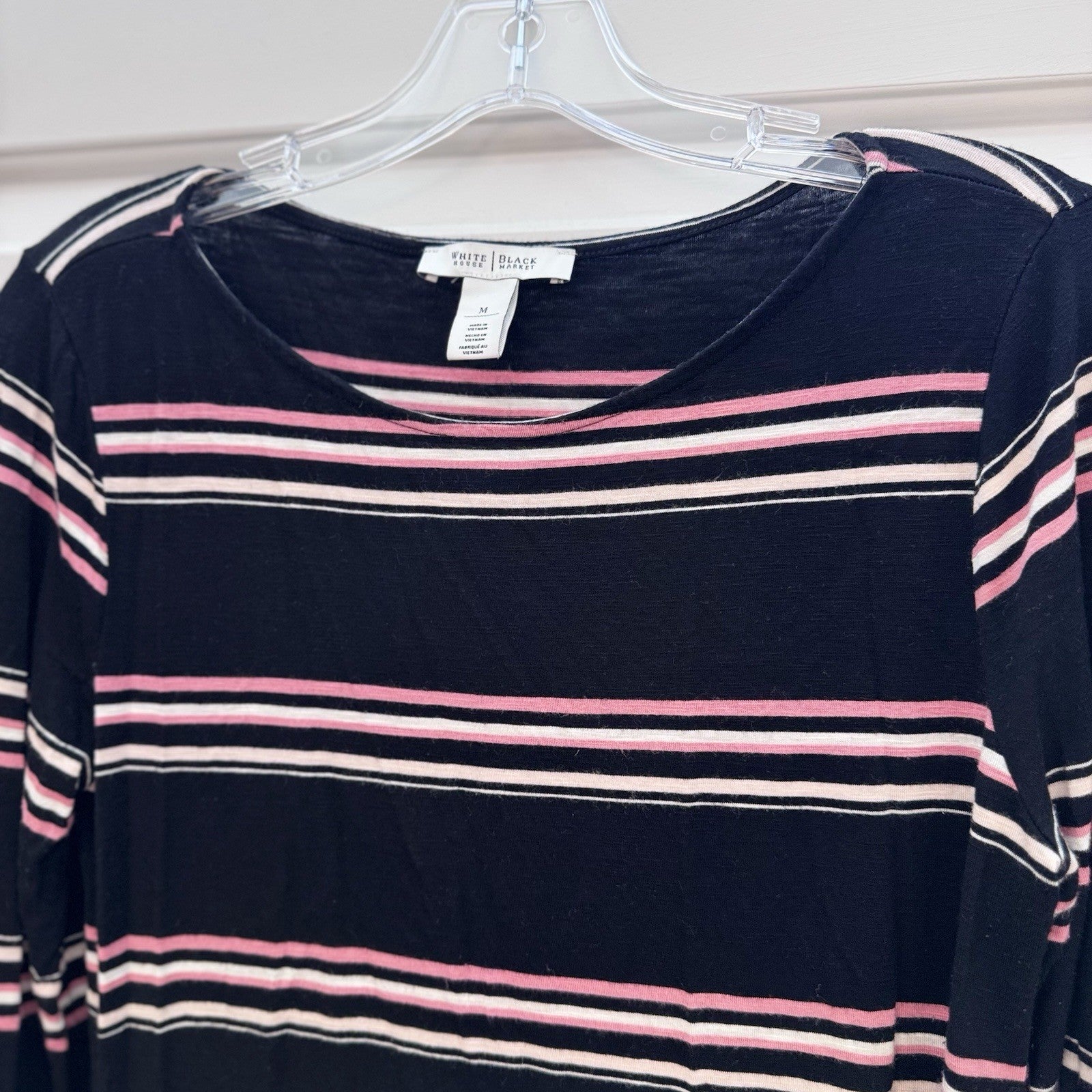 White House Black Market Top Medium Black Pink Stripe Long Sleeve Tie Cuff