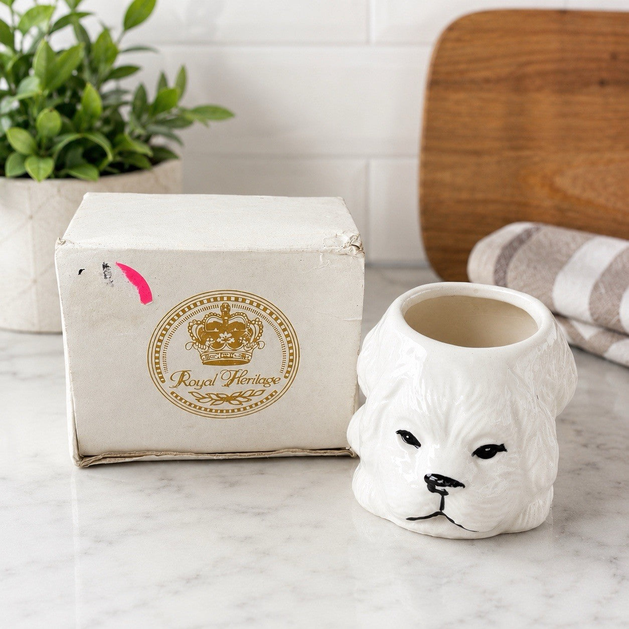 Royal Heritage White Poodle Dog Planter Vase Ceramic Puppy Decor With Box Candle