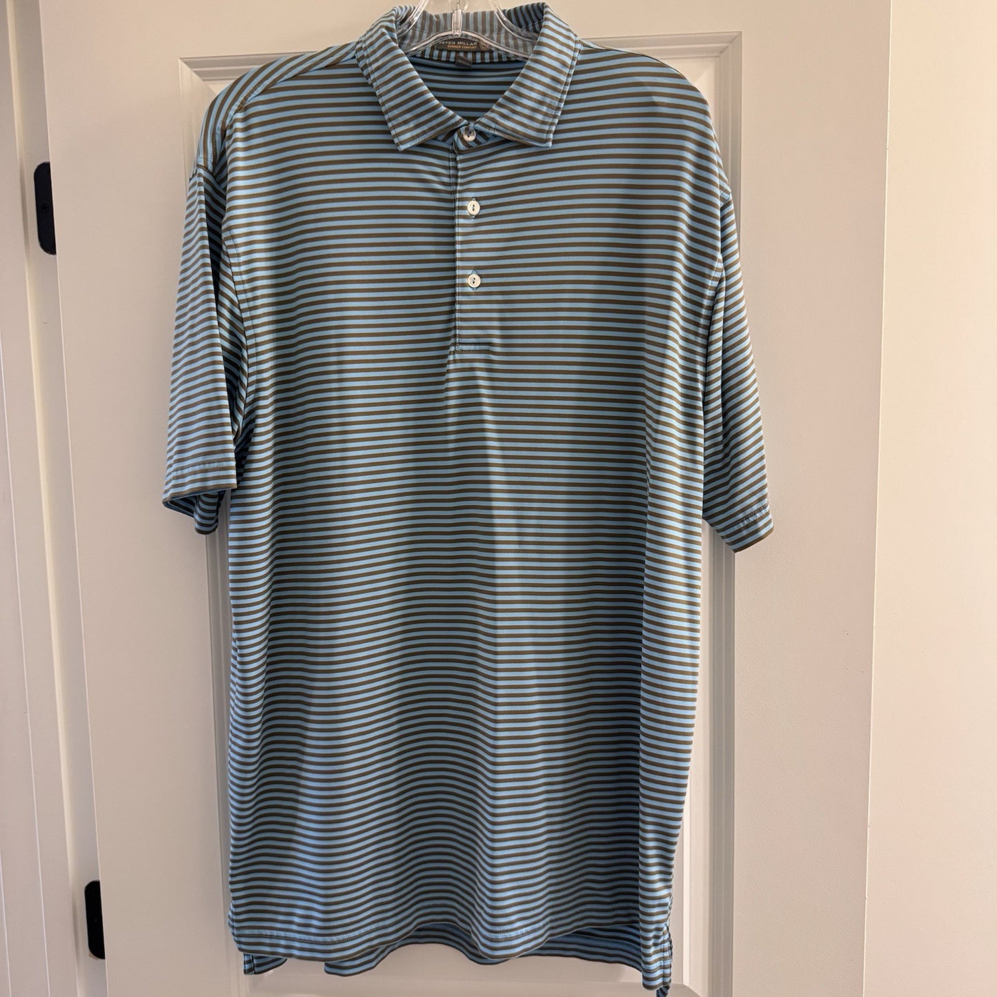 Peter Millar Summer Comfort Polo Shirt Men’s L Blue Brown Stripe Golf Stretch