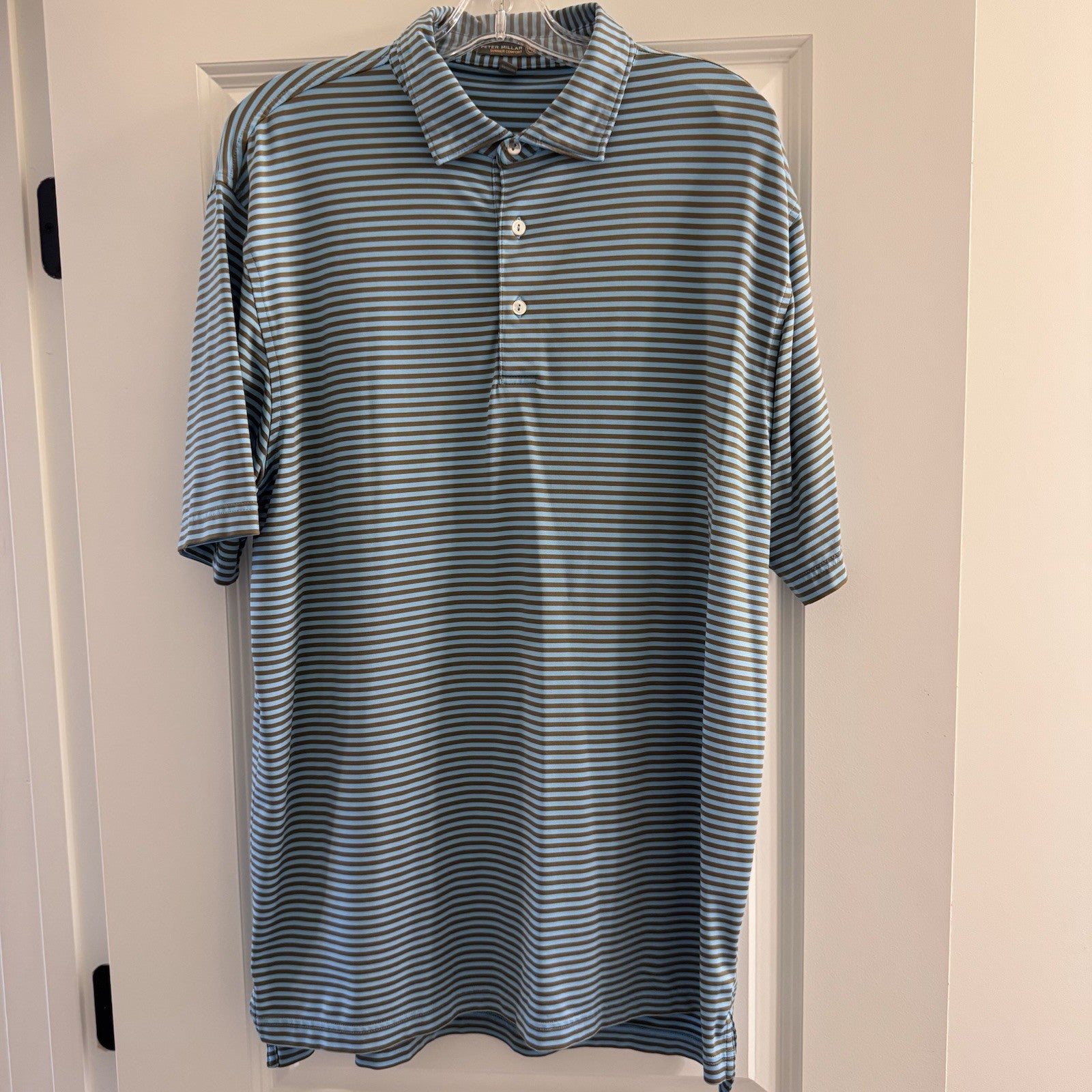 Peter Millar Summer Comfort Polo Shirt Men’s L Blue Brown Stripe Golf Stretch
