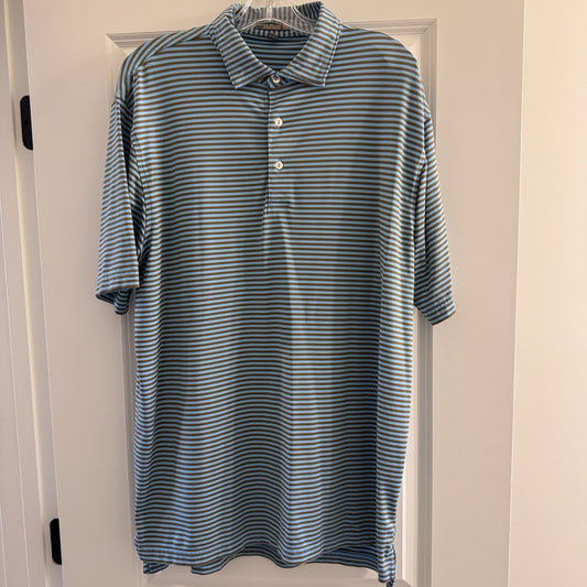 Peter Millar Summer Comfort Polo Shirt Men’s L Blue Brown Stripe Golf Stretch