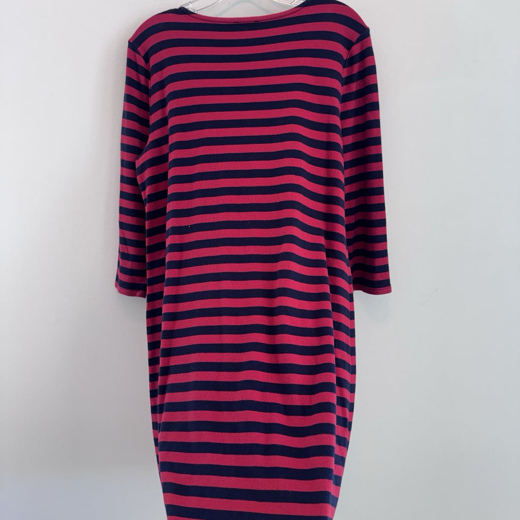 Talbots XL Red Navy Stripe Dress 3/4 Sleeve Nautical Button Shoulder