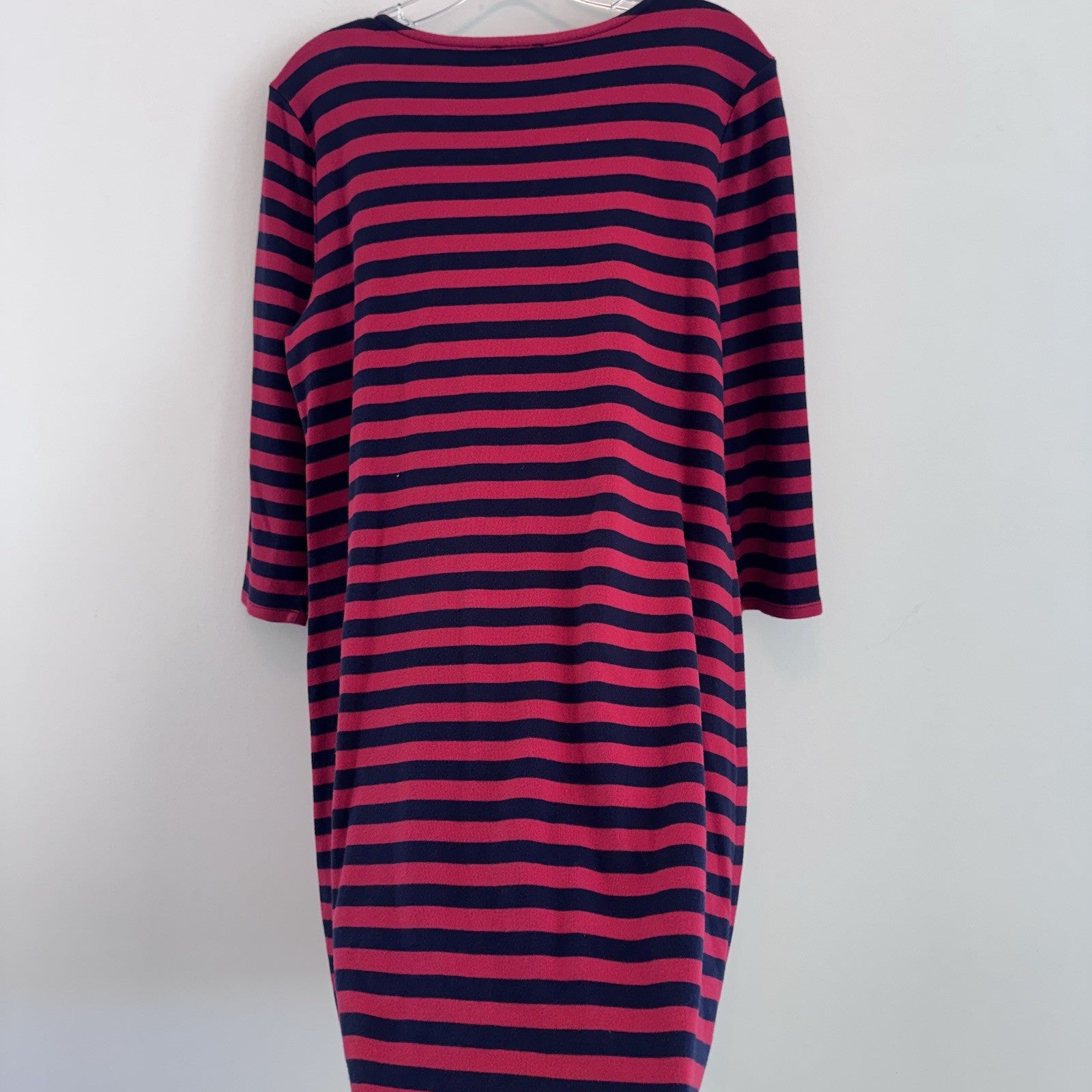 Talbots XL Red Navy Stripe Dress 3/4 Sleeve Nautical Button Shoulder