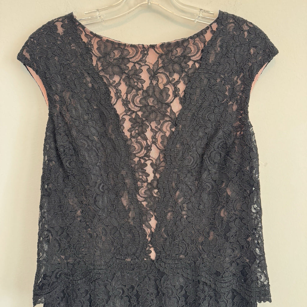Lauren Ralph Lauren Black Lace Pink Lined Sheath Dress Size 12 Cap Sleeve Womens