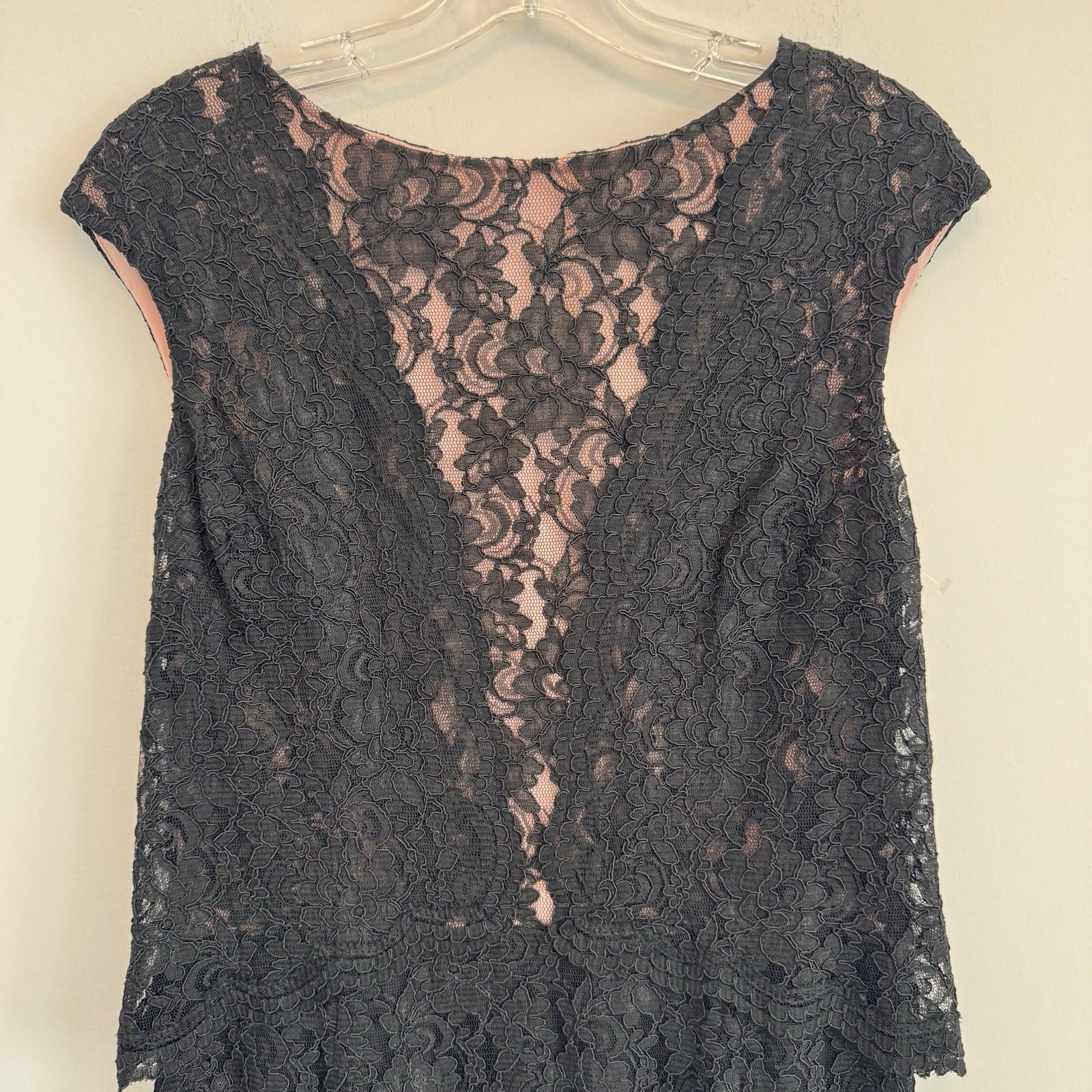 Lauren Ralph Lauren Black Lace Pink Lined Sheath Dress Size 12 Cap Sleeve Womens