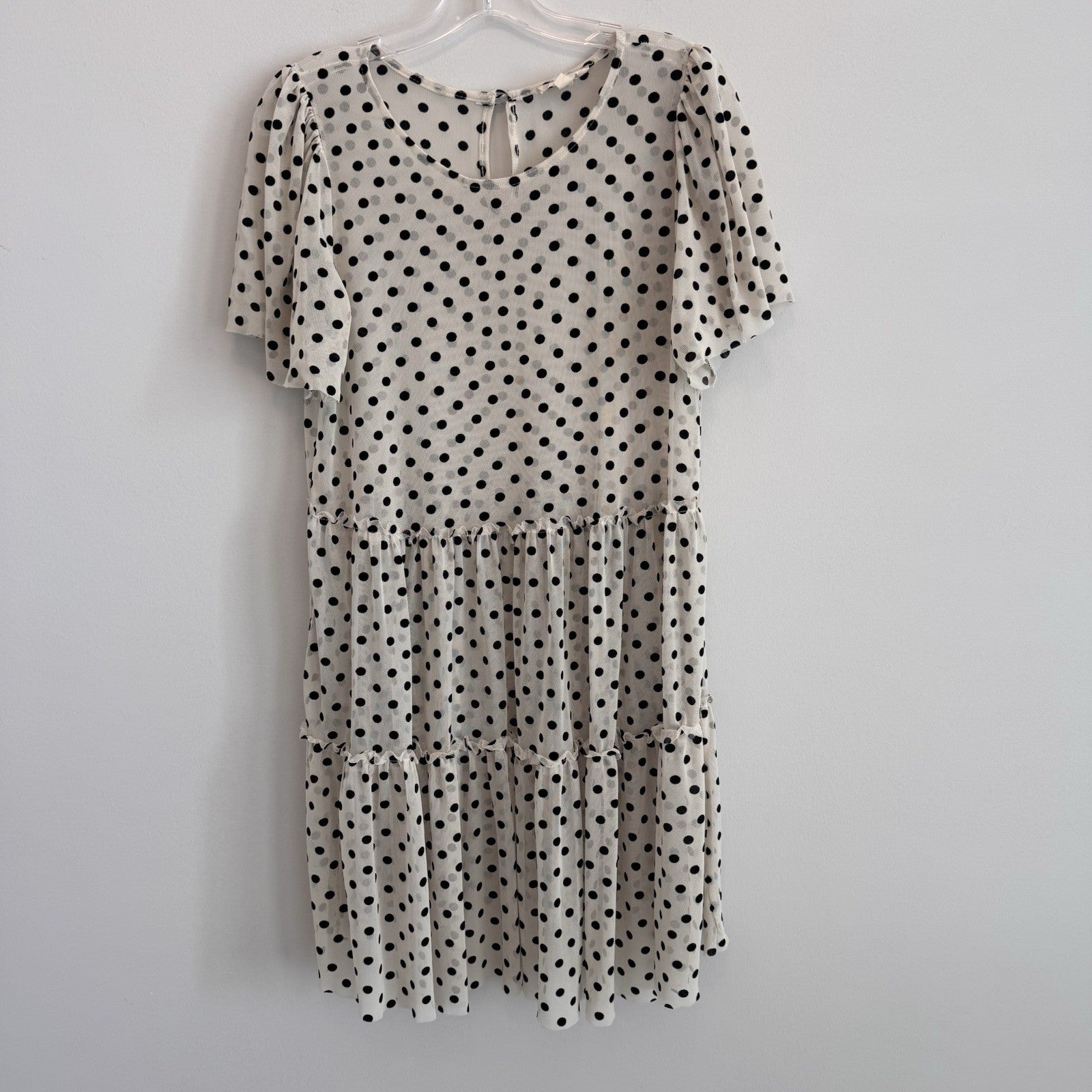 Altar'd State Polka Dot Mesh Tiered Mini Dress Small Tan Black Women’s