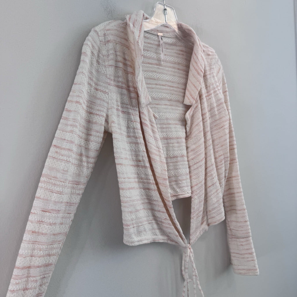 Free People XS Pink Ivory Open Front Tie Cardigan Knit Boho Sweater