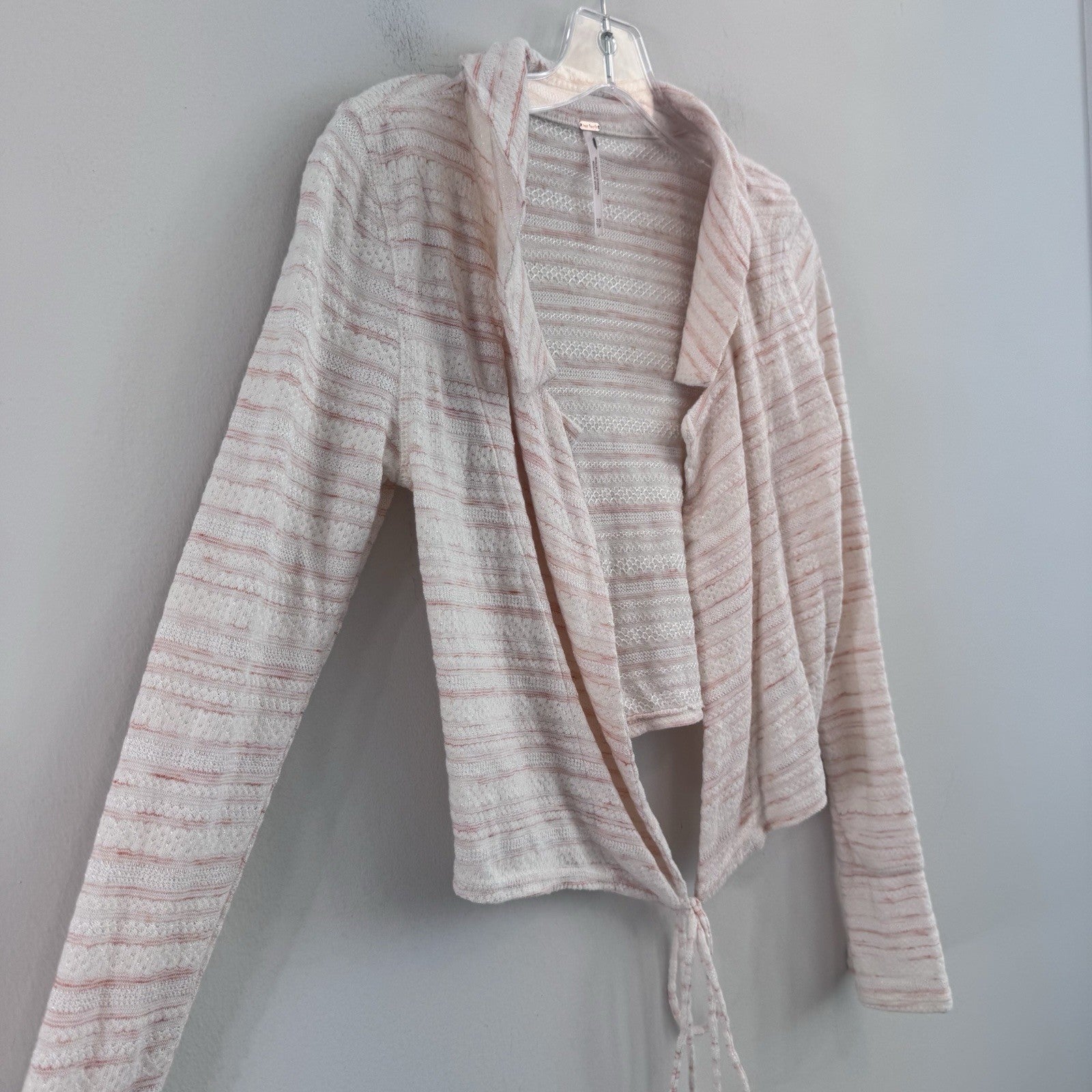 Free People XS Pink Ivory Open Front Tie Cardigan Knit Boho Sweater