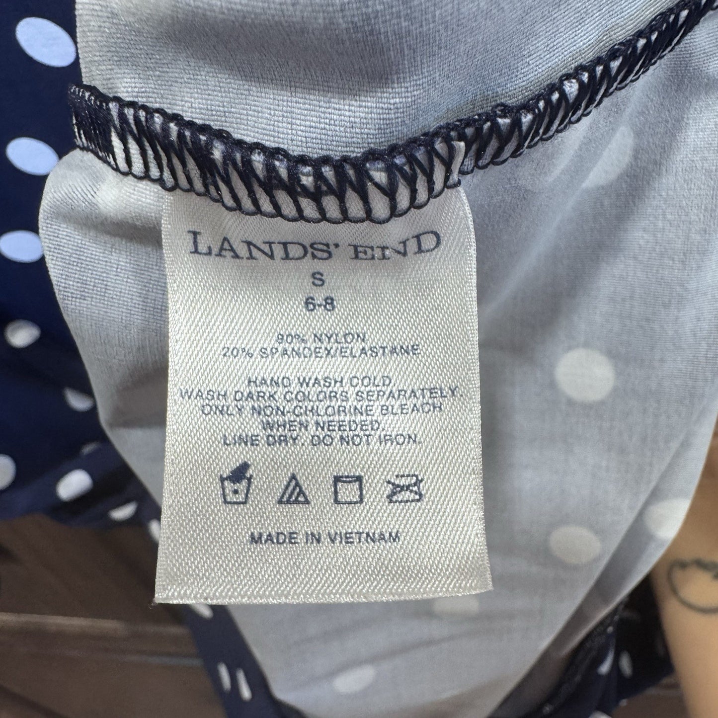 Lands End Dress Womens Small Blue Polka Dot 3/4 Sleeve Stretch Knee Length-1478*