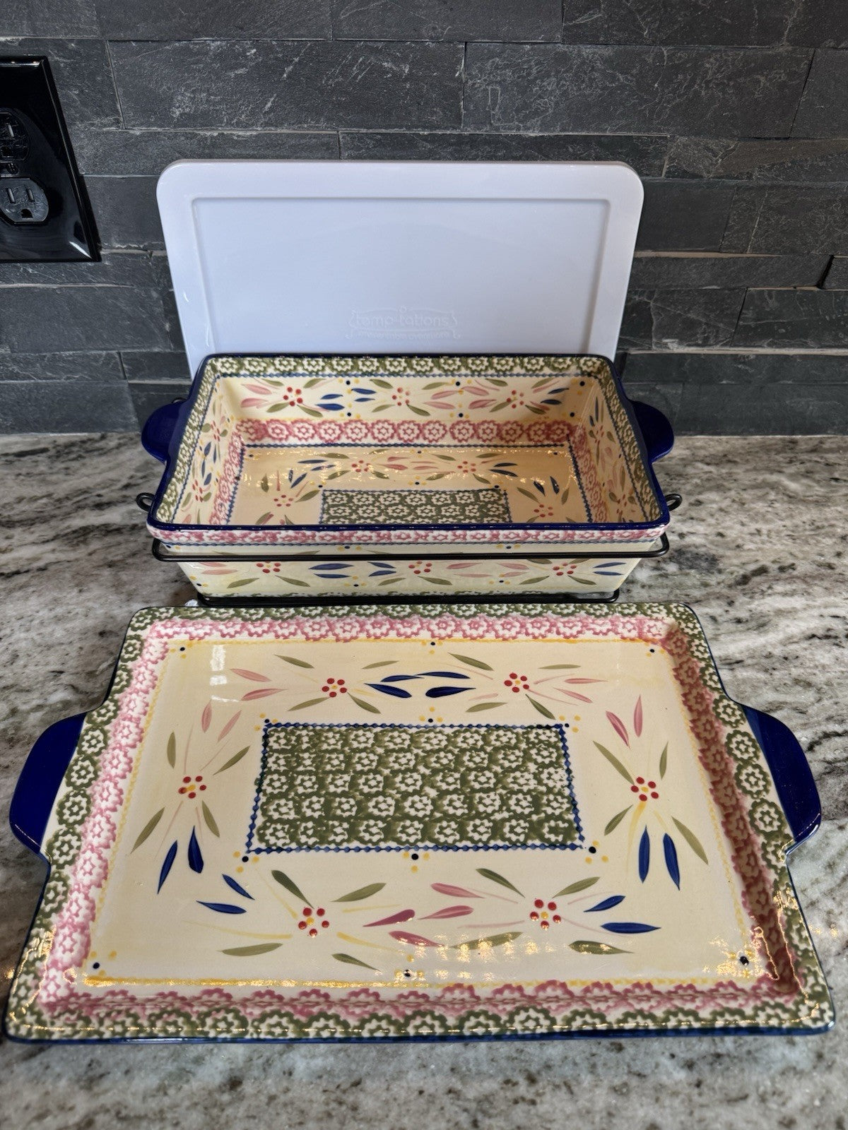 Temptations Old World Multicolor Square Baking Dish W/ Rack & Lid & Serving Dish