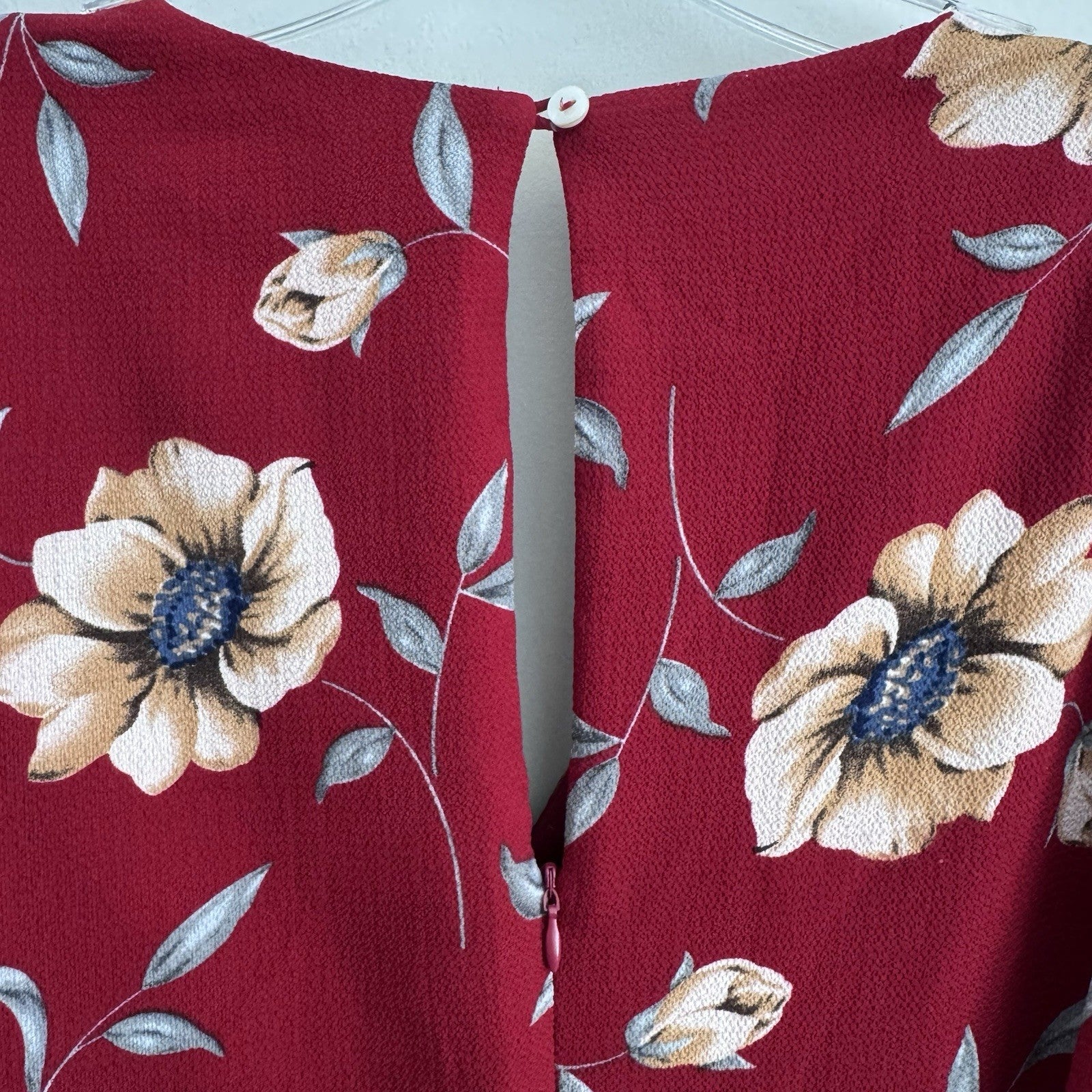 Entro Burgundy Floral Faux Wrap Dress Medium Long Sleeve Ruffle Hem
