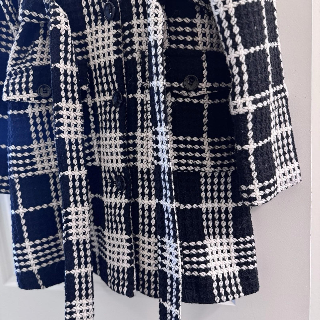 Y2K Body Central Plaid Wool Blend Coat Jacket L Black White Belted Vintage Loop