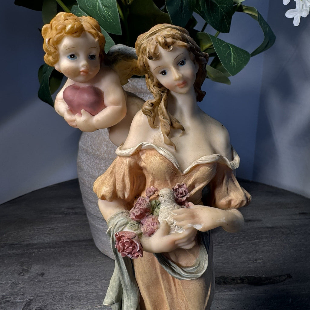 Vintage De Elina Angel with Cherub Figurine 10" Seraphim Statue Dove & Roses
