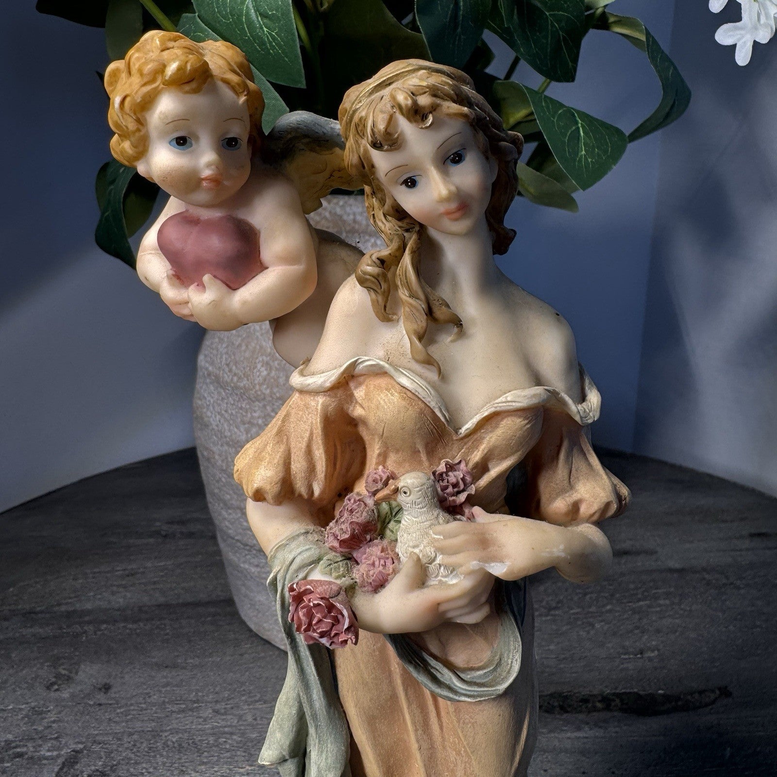 Vintage De Elina Angel with Cherub Figurine 10" Seraphim Statue Dove & Roses
