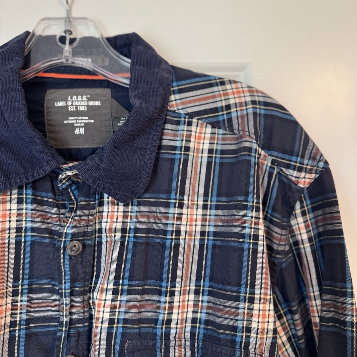 H&M LOGG Plaid Flannel Shirt Men’s XL Fitted 100% Cotton Navy Blue Check