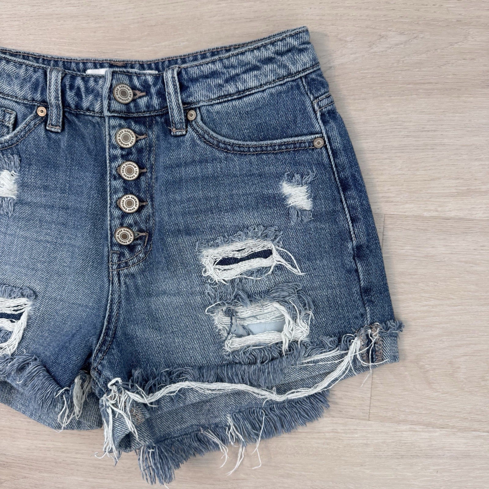 KanCan Distressed Denim Shorts Women’s Small Button Fly Raw Hem Festival