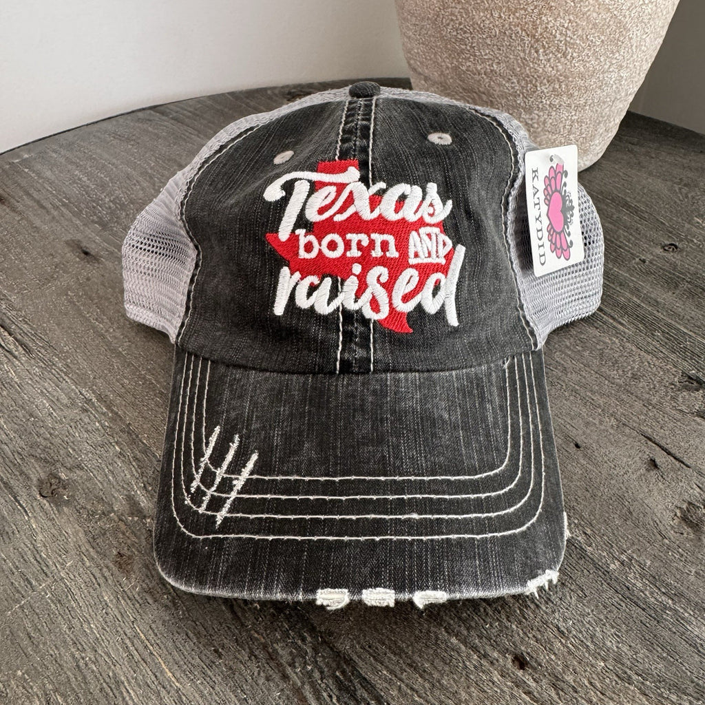 Katydid NWT Texas Born & Raised Hat Distressed Trucker Cap Black Gray Adjustable