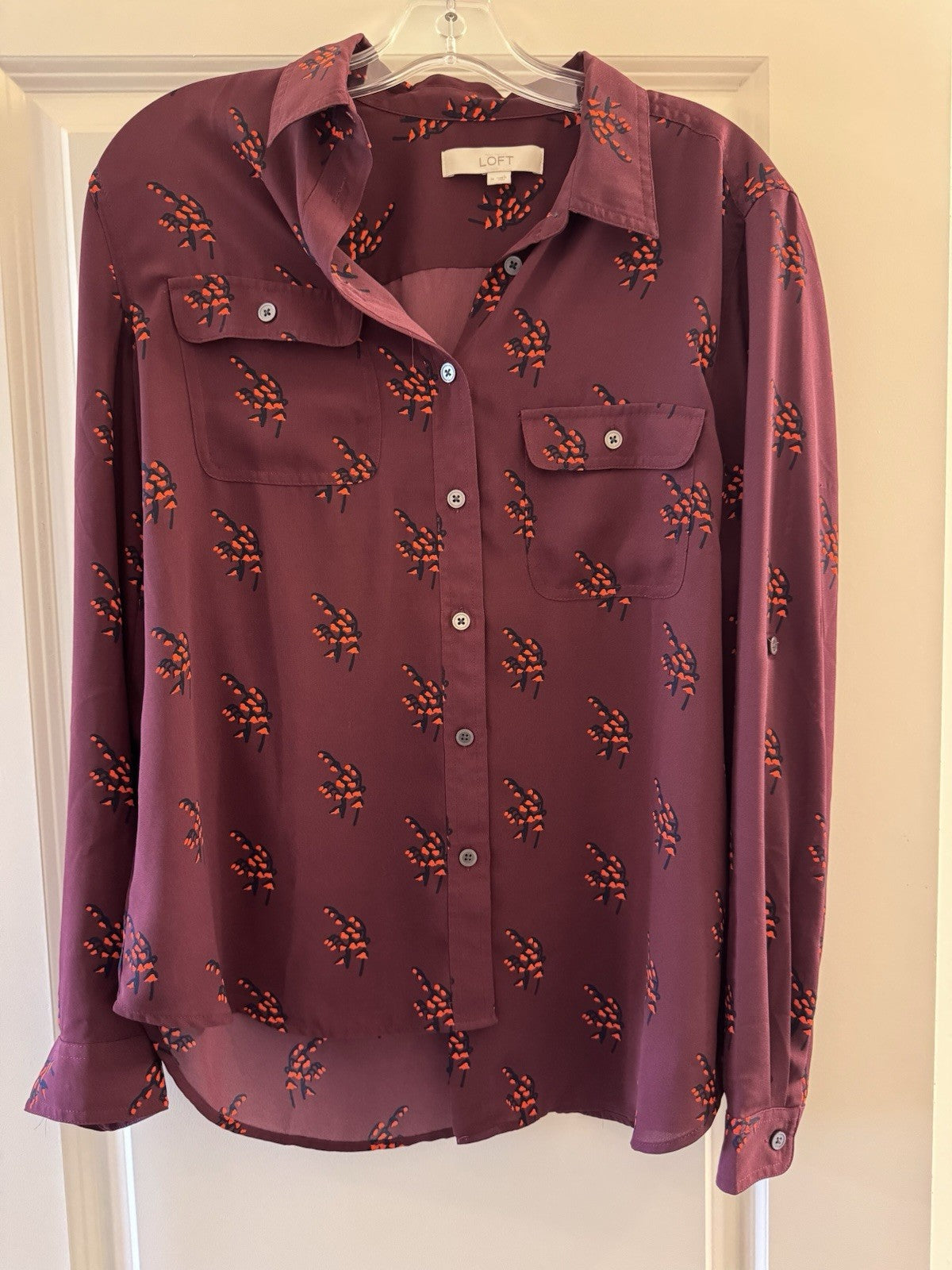LOFT Women’s Burgundy Button Front Blouse Floral Print Long Sleeve Sz M