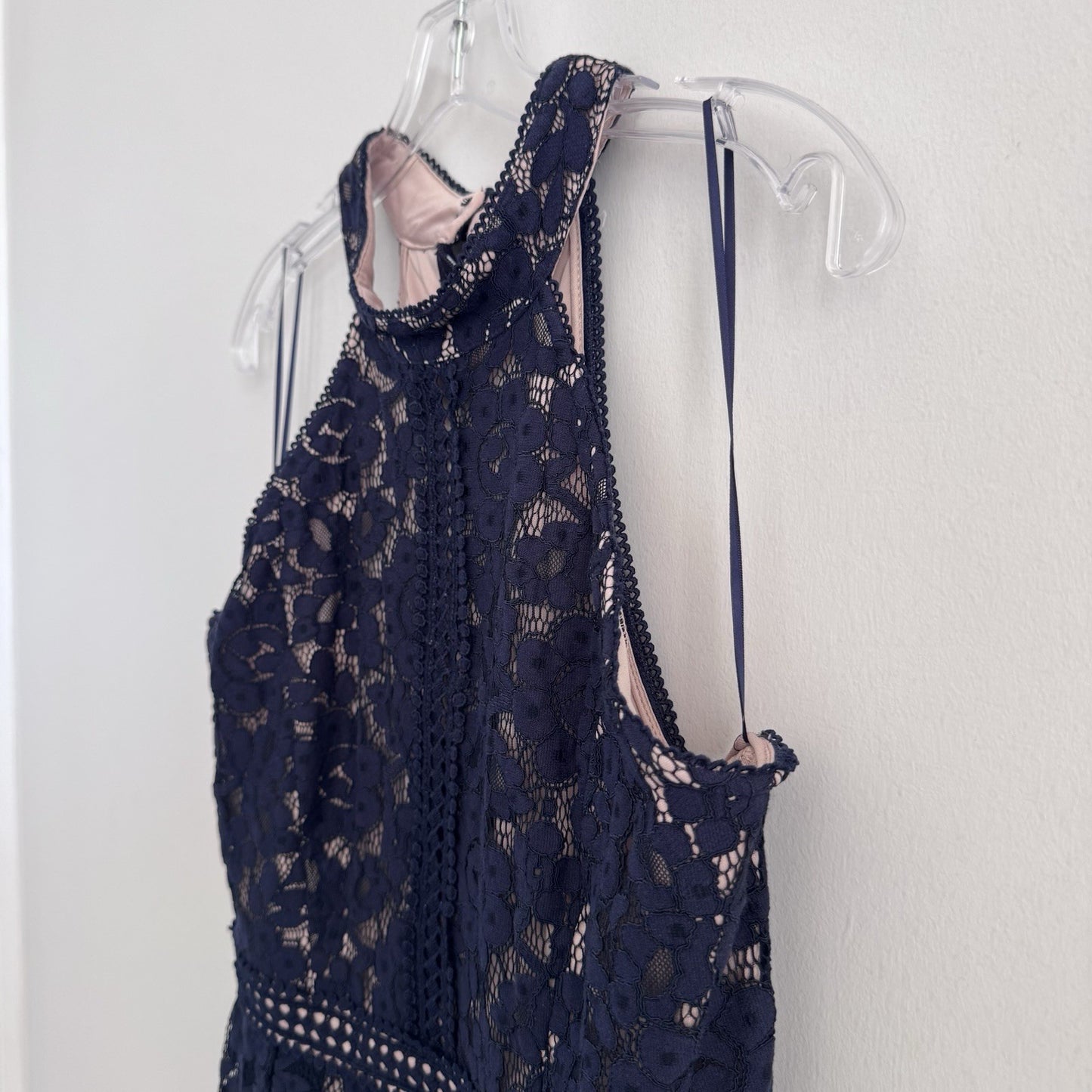 Blu Pepper Navy Lace Halter Dress L Nude Lining B8SD1112 Cocktail