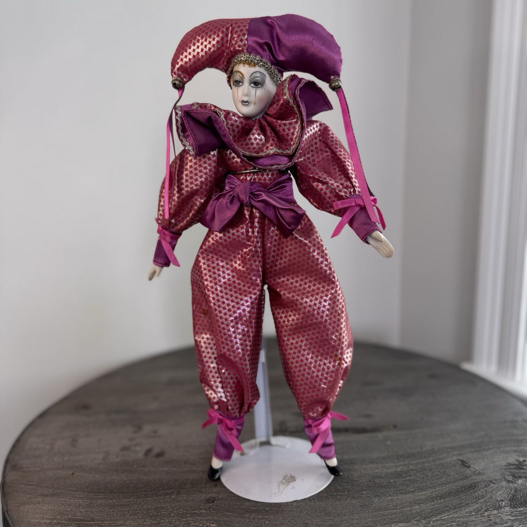 Set of 2 Vintage Porcelain Jester Dolls 16" & 8" Harlequin Musical Jack in Box