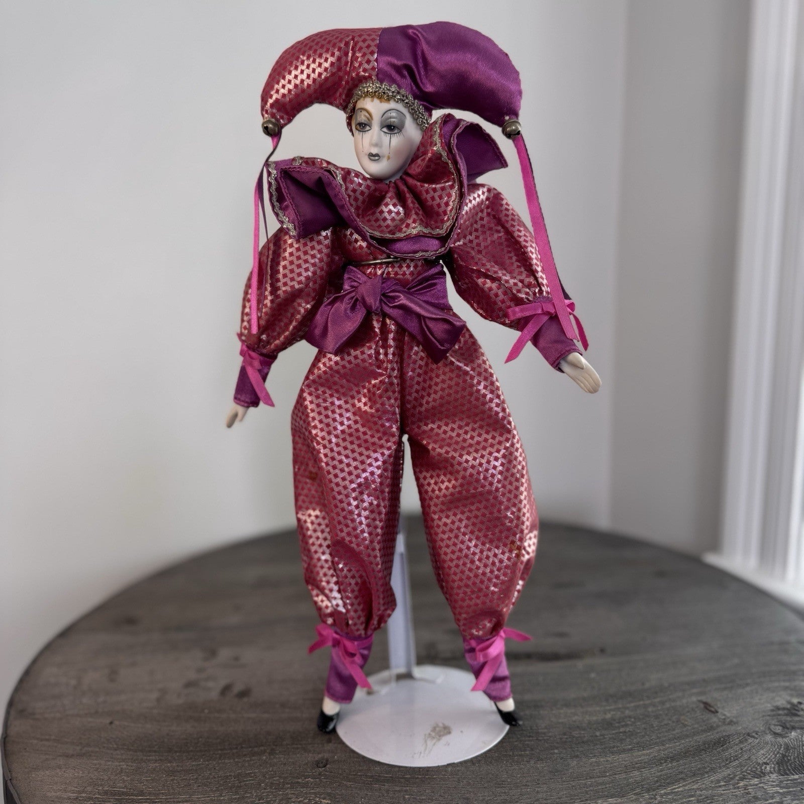Set of 2 Vintage Porcelain Jester Dolls 16" & 8" Harlequin Musical Jack in Box