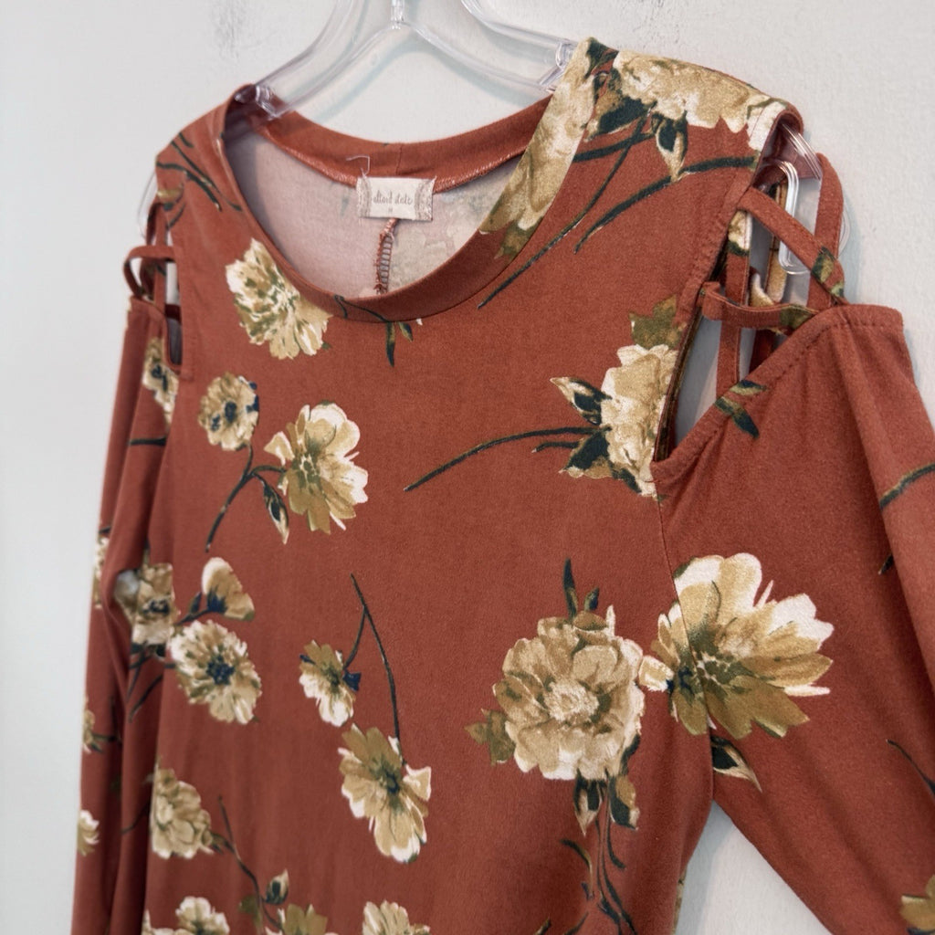 Altar’d State M Floral Cold Shoulder Dress Rust Boho Long Sleeve Mini