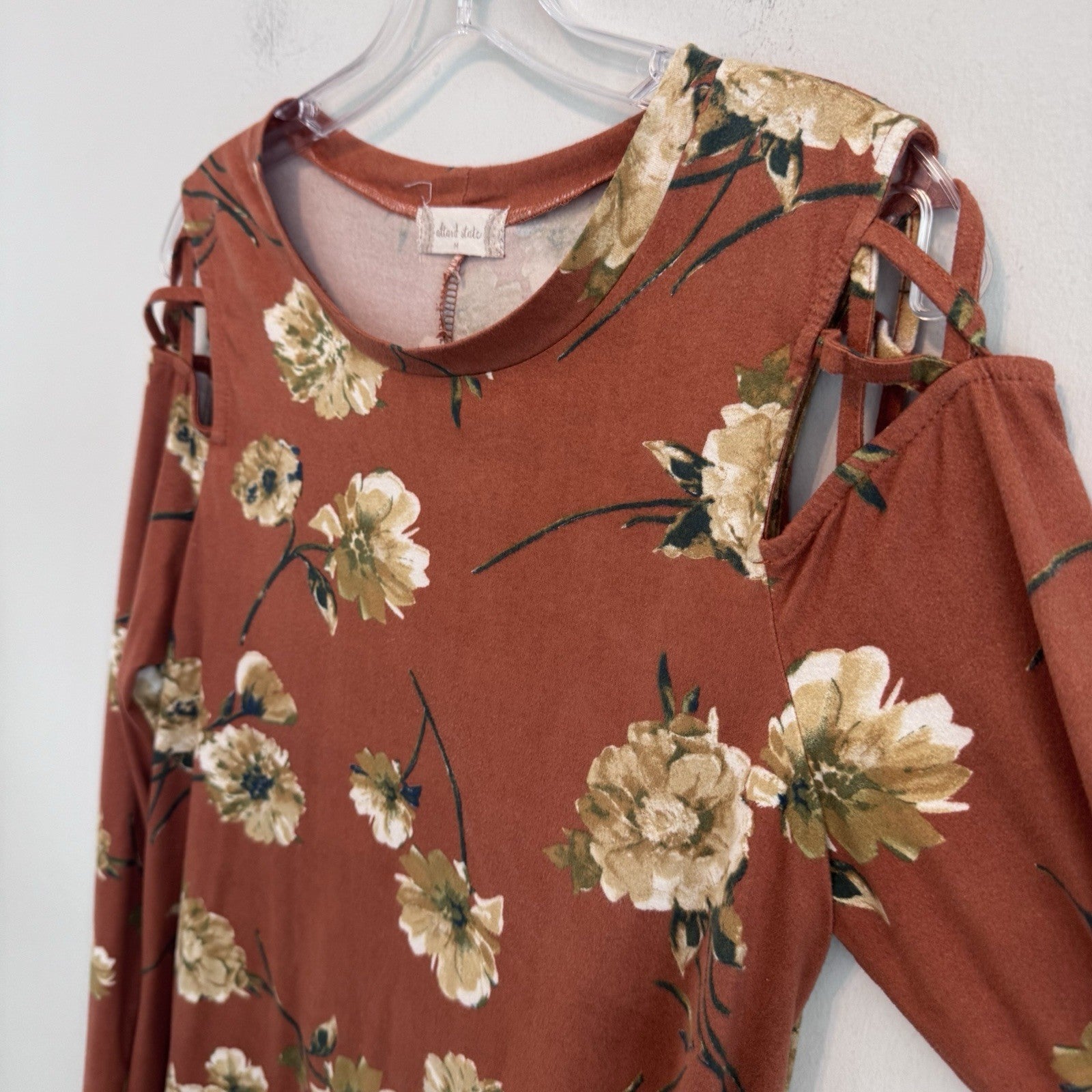 Altar’d State M Floral Cold Shoulder Dress Rust Boho Long Sleeve Mini
