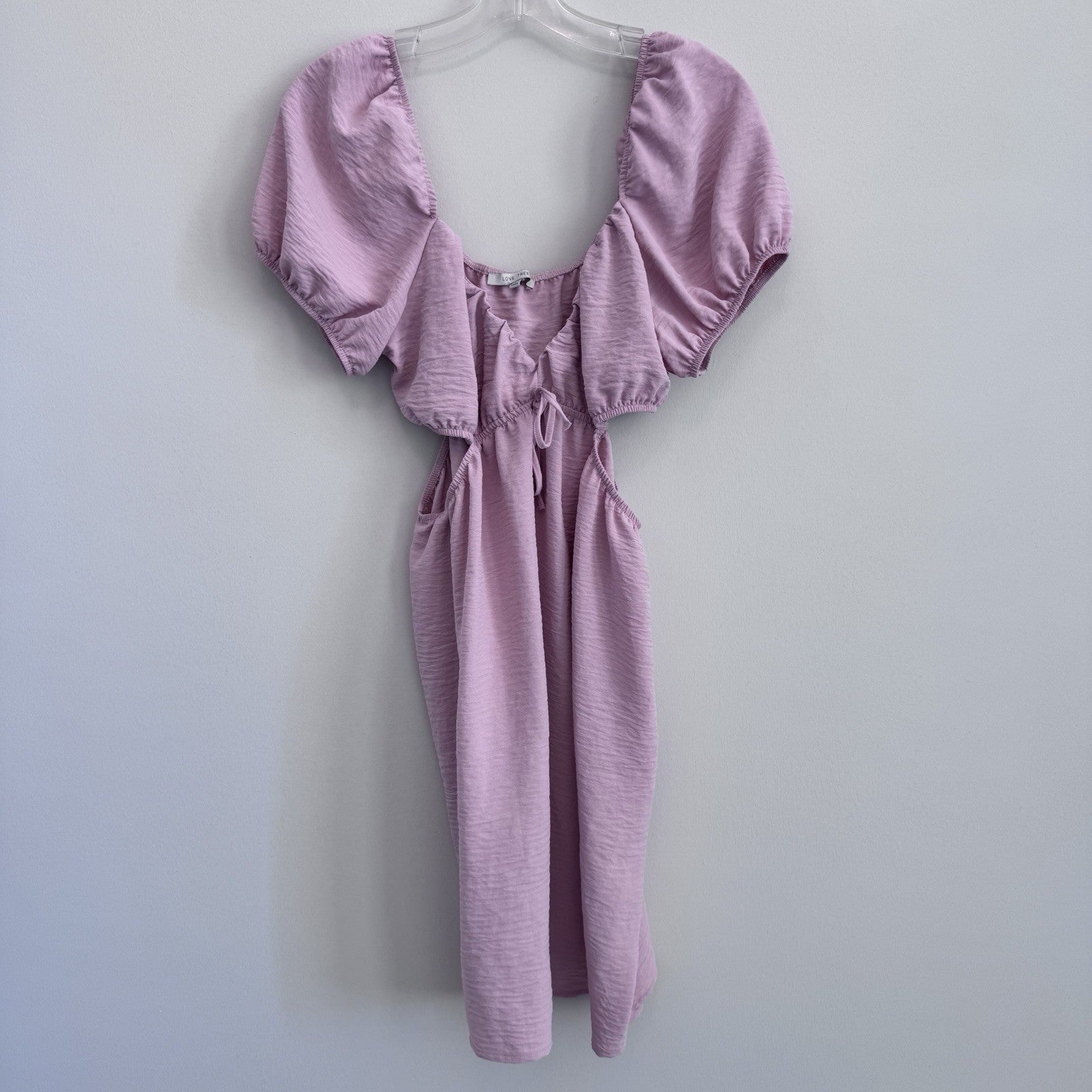 Love Tree Pink Cut Out Midi Dress Puff Sleeve Tie Waist Size L