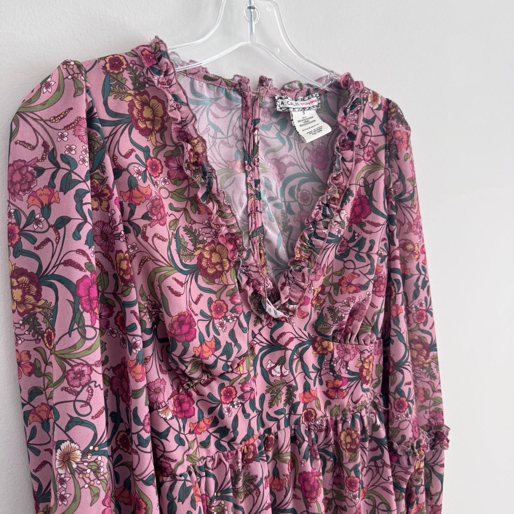 A Calin Flying Tomato Dress Womens Small Pink Floral Ruffle Boho Long Sleeve