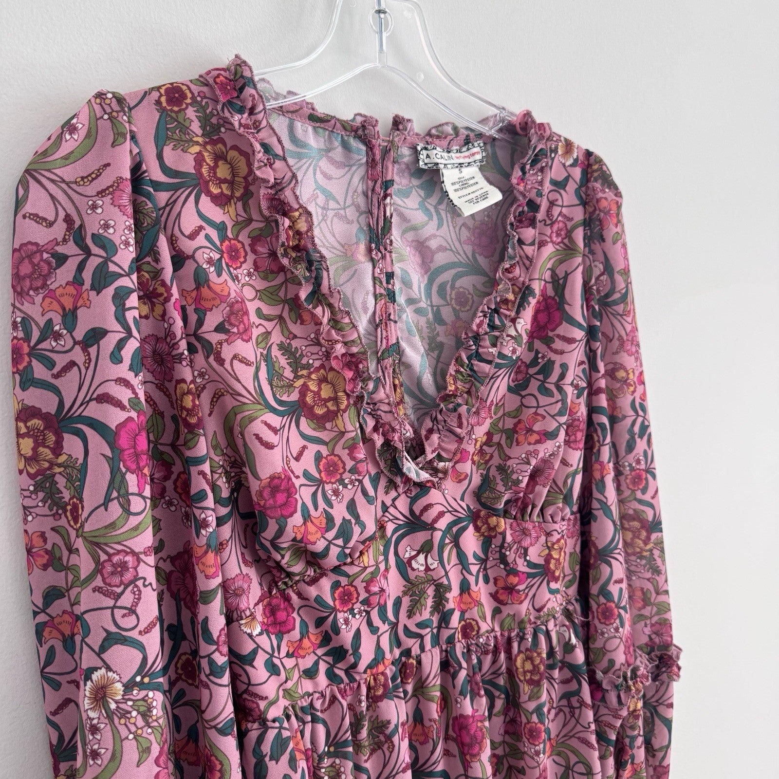 A Calin Flying Tomato Dress Womens Small Pink Floral Ruffle Boho Long Sleeve