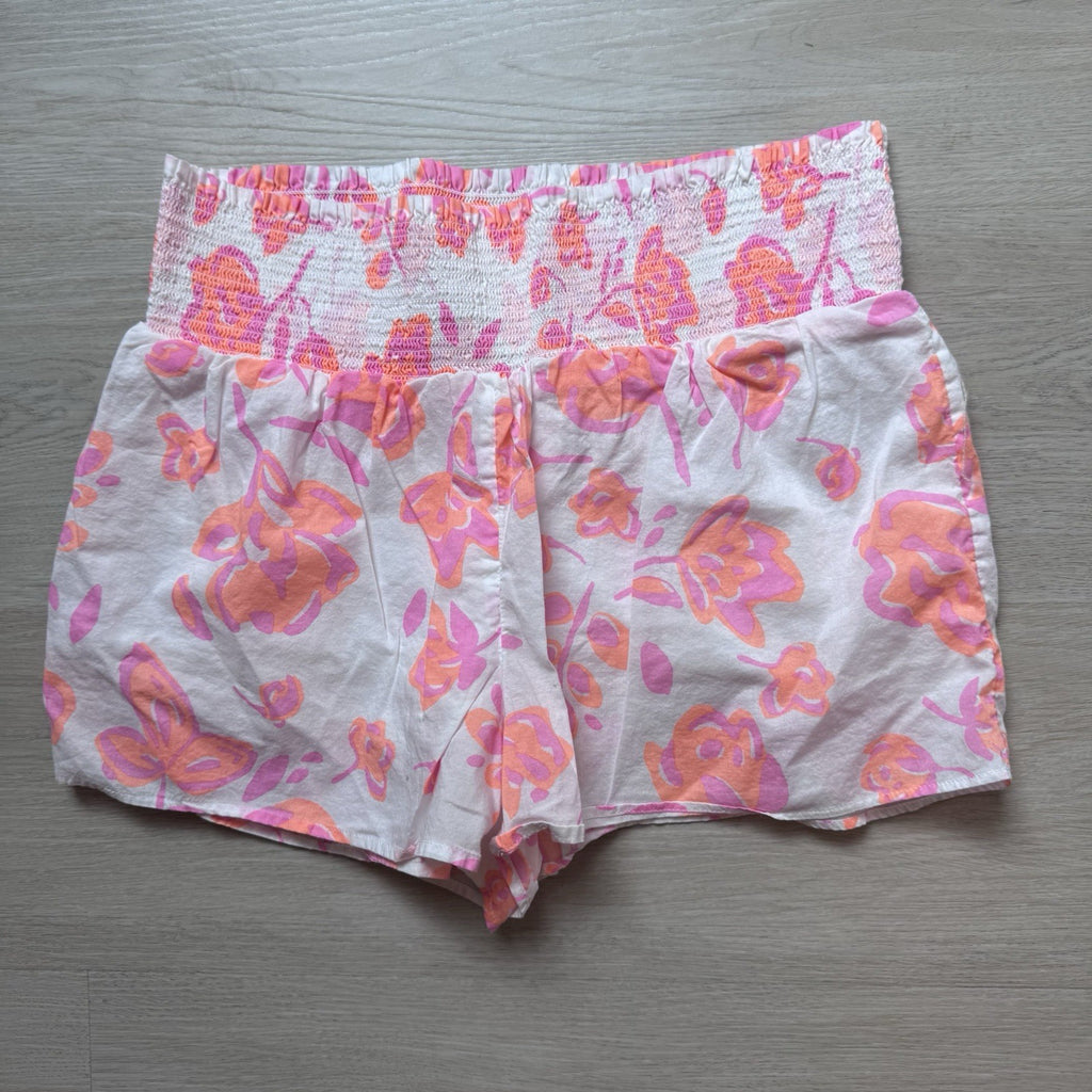 Vineyard Vines Floral Shorts Pink Orange Smocked Waist Cotton Women Small