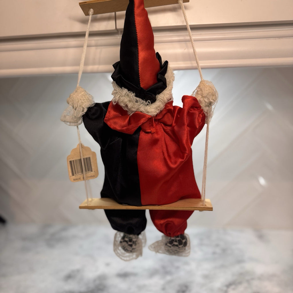 Vintage BVI Inc Porcelain Face Clown on Wooden Swing Red Black Harlequin Jester