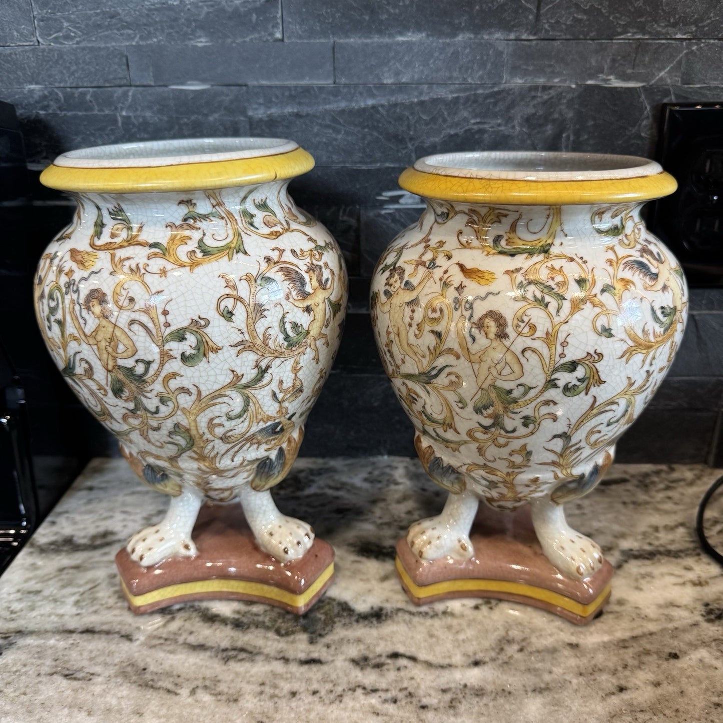 Vintage Ornate Ceramic Footed Vase with Cherub and Angels- matching set. Quality