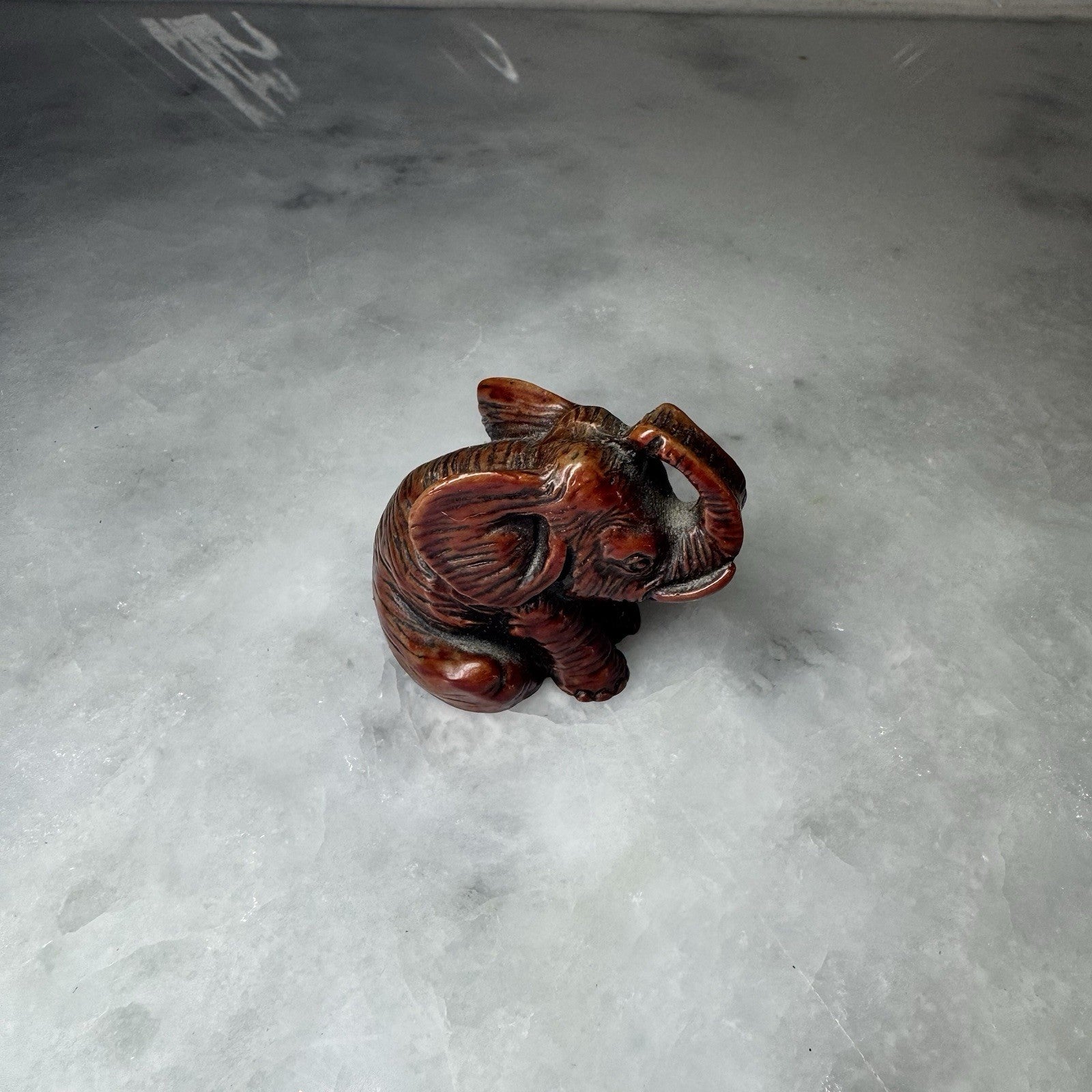 Vintage Hand Carved Elephant Figurine – Miniature Wood Look Statue Lucky Decor