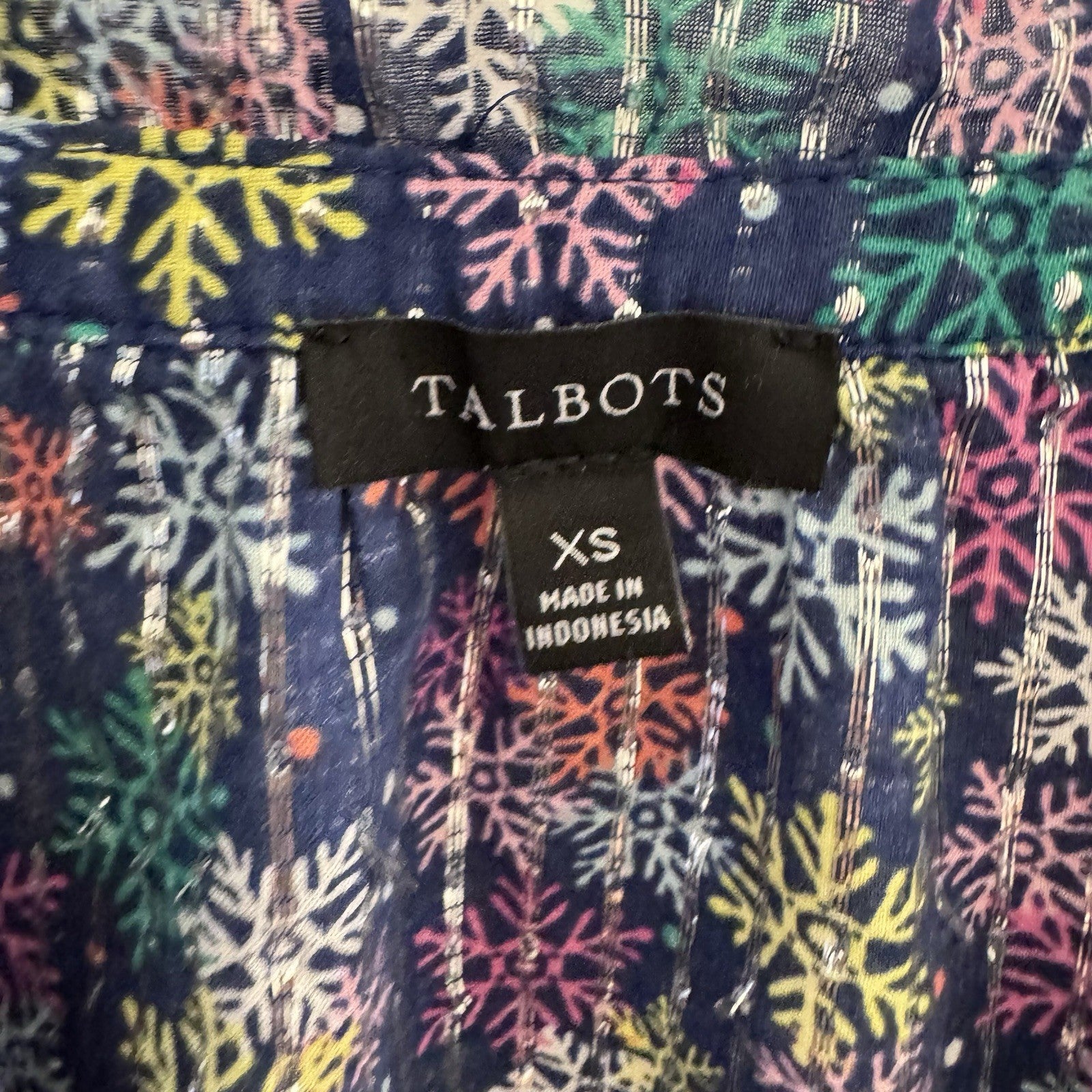 Talbots Women’s XS Metallic Snowflake Blouse Navy Multicolor Long Sleeve