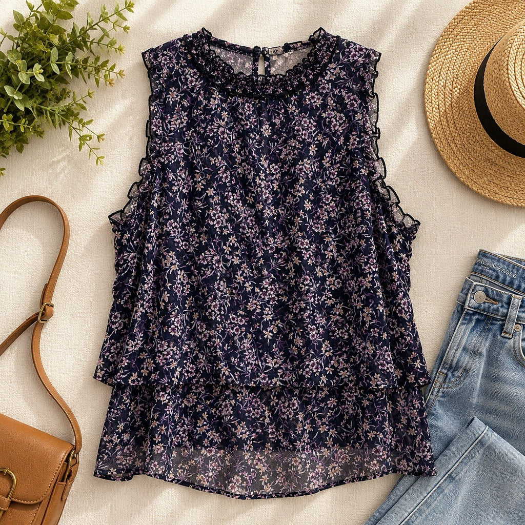 AE American Eagle Floral Ruffle Sleeveless Blouse Top Women XL Boho