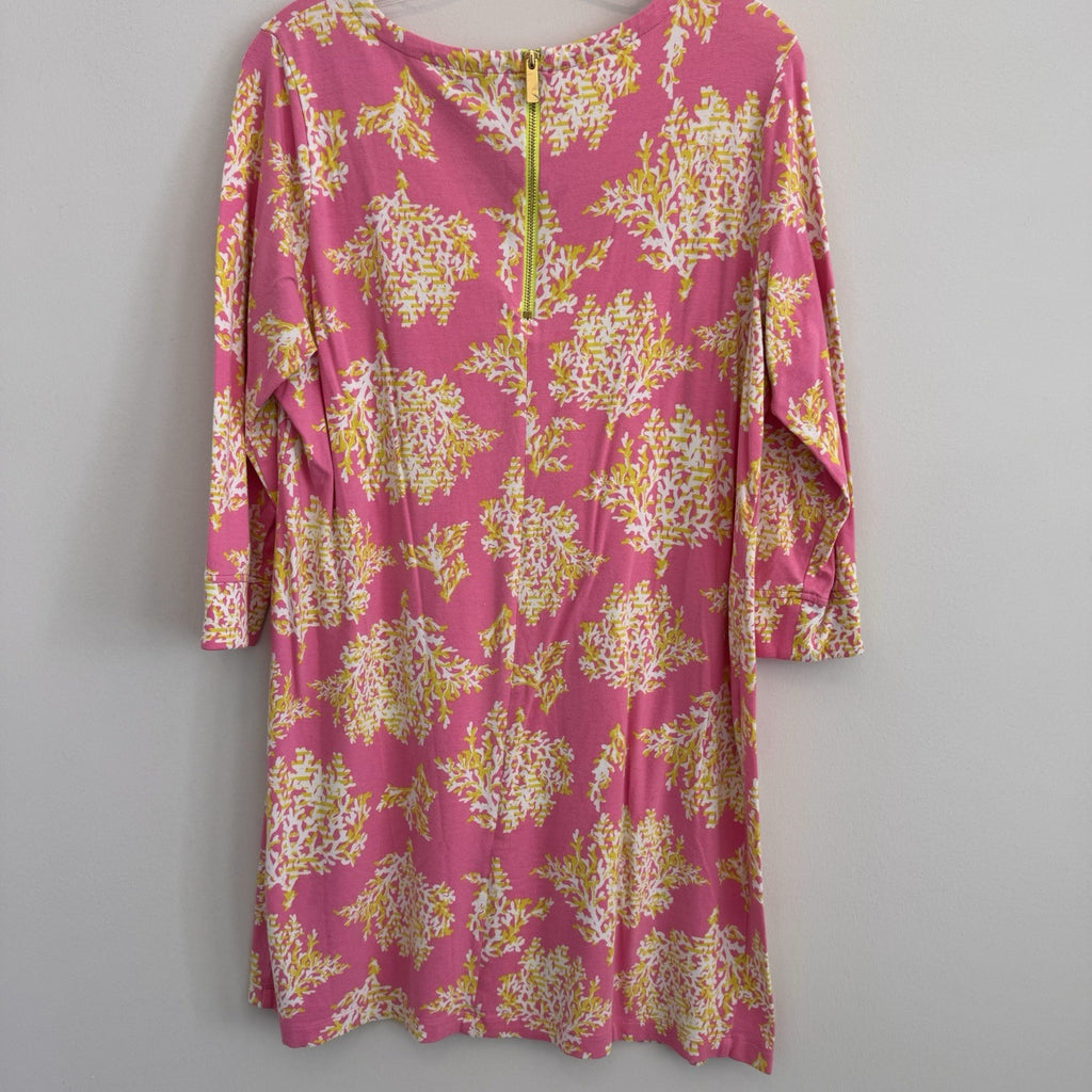 Crown & Ivy Pink Coral Print Shift Dress L 3/4 Sleeve Preppy Coastal Women’s